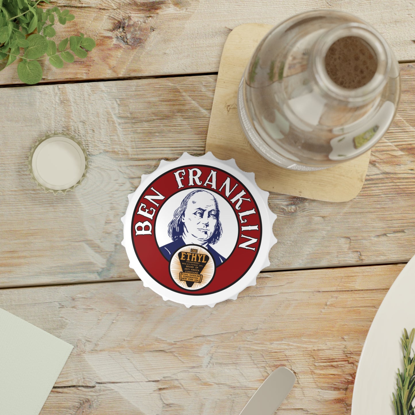 Ben Franklin Gasoline bottle opener detail — vintage gas station art — The Faded Label Co.
