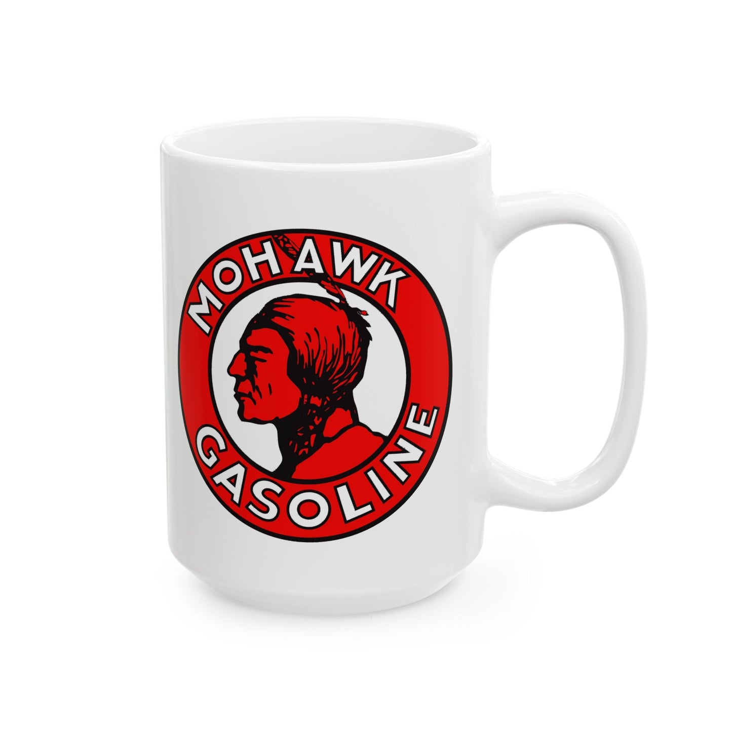 Mohawk Gasoline white coffee mug on desk — vintage Americana petroliana — The Faded Label Co.