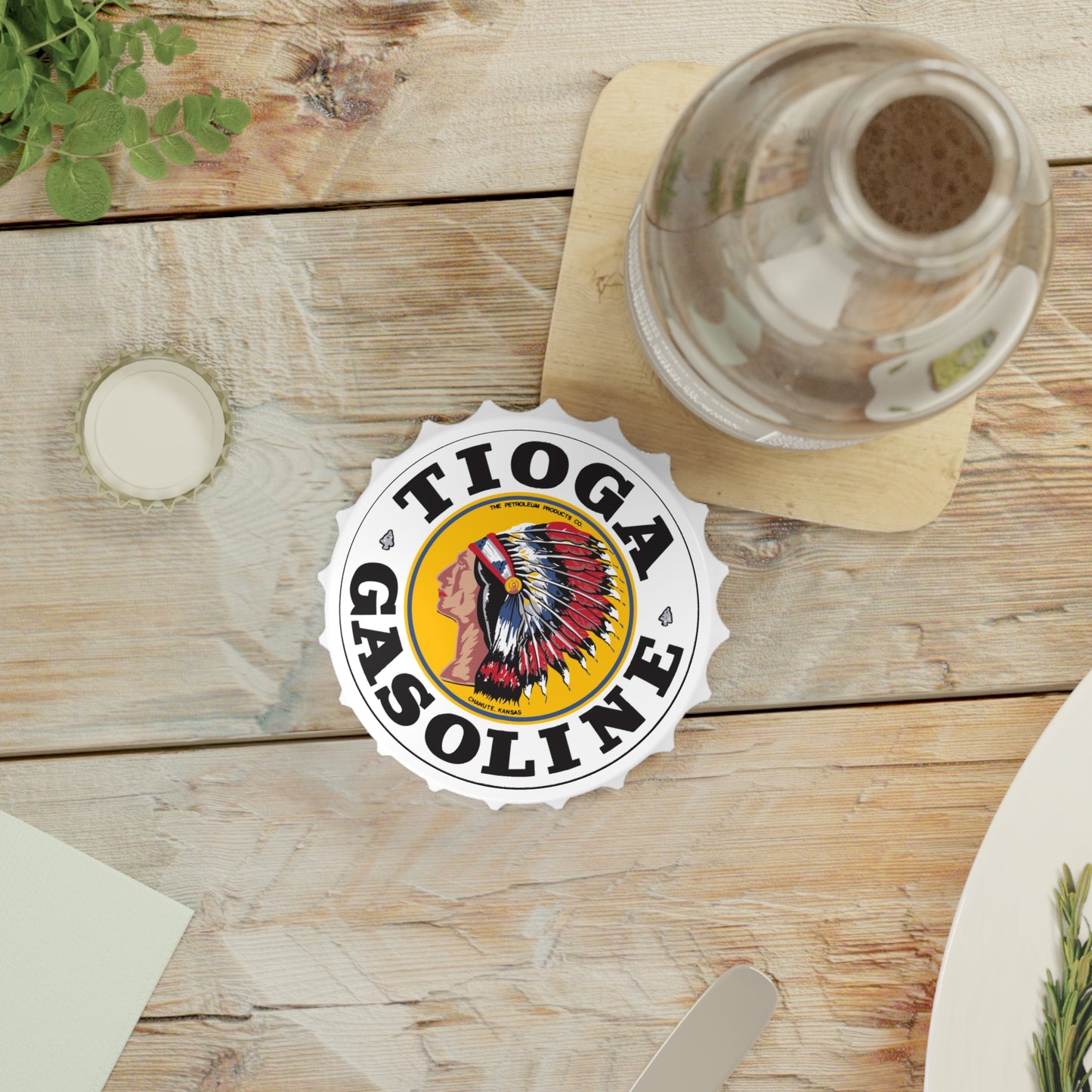 Tioga Gasoline bottle opener detail — vintage gas station art — The Faded Label Co.