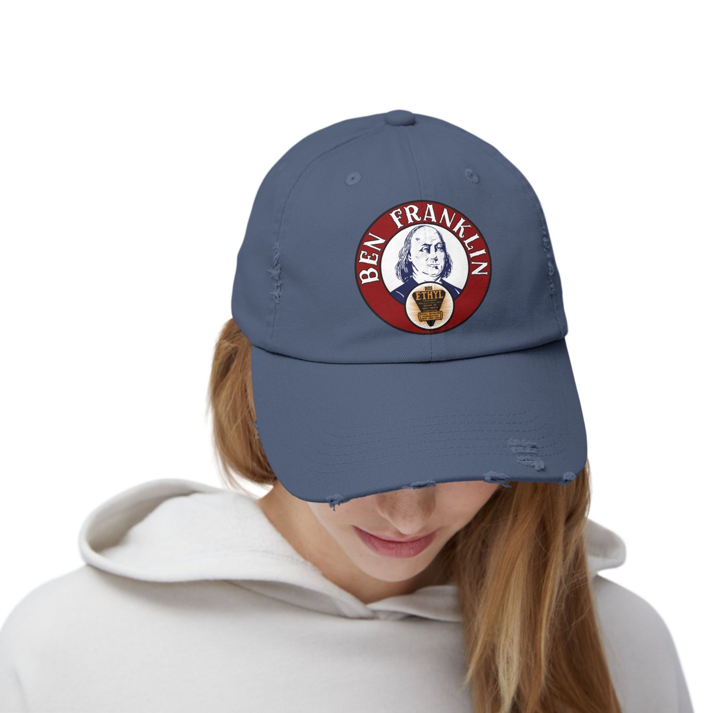 Ben Franklin Gasoline distressed cap model — vintage petroliana gift — The Faded Label Co.