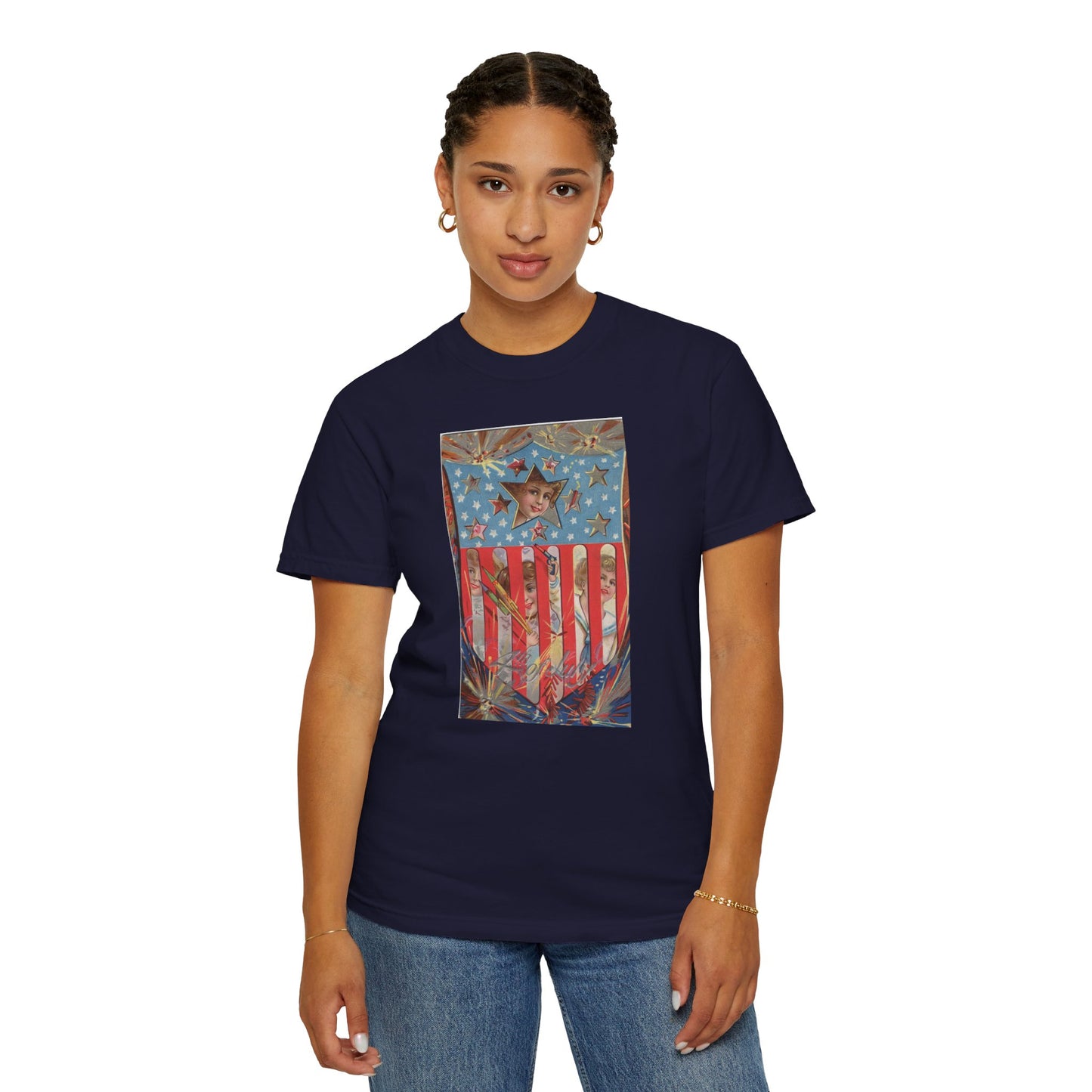 4th of July Shield Girls t-shirt size chart — Comfort Colors 1717 vintage patriotic tee — The Faded Label Co.