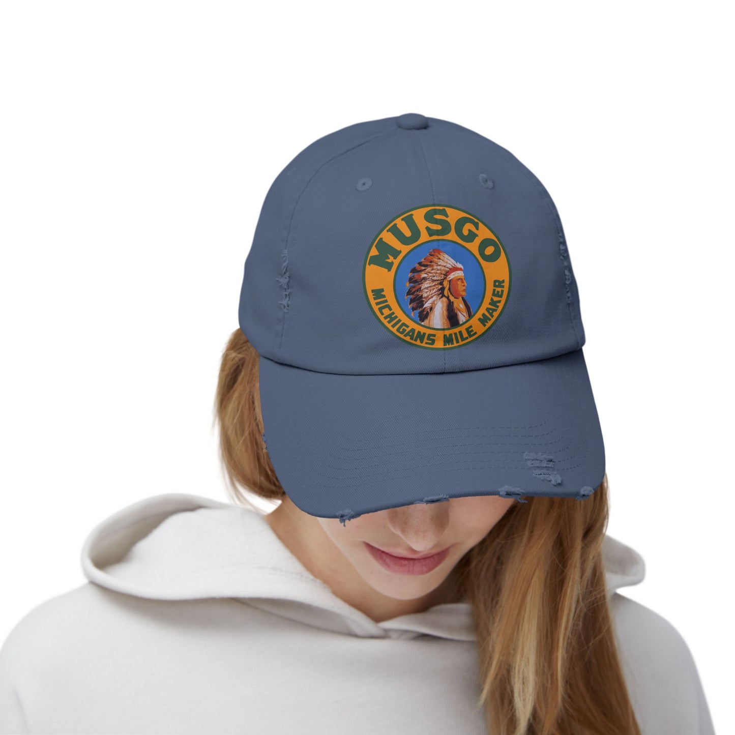 Musgo Gasoline distressed cap model — vintage petroliana gift — The Faded Label Co.