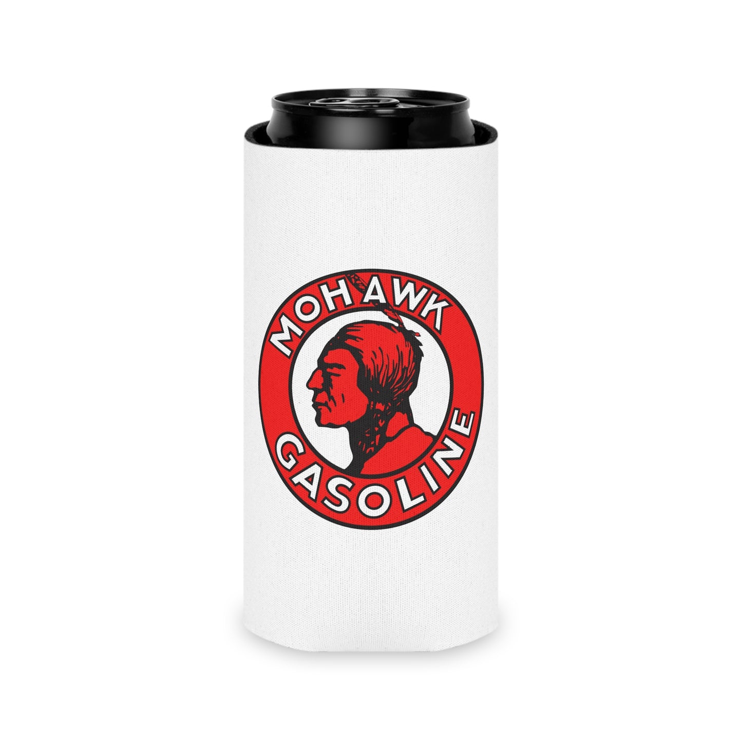 Mohawk Gasoline can cooler detail — bold Native American logo — The Faded Label Co.