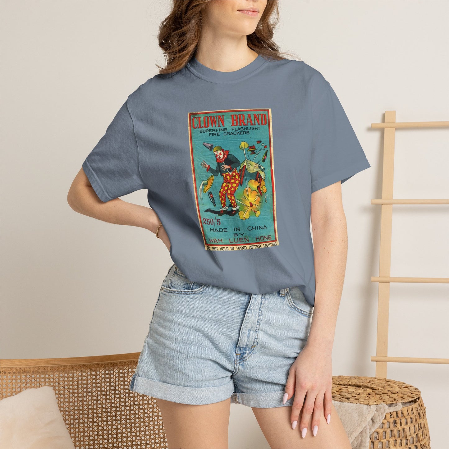 Clown Brand Firecrackers t-shirt design detail — clown explosion vintage label close-up — The Faded Label Co.