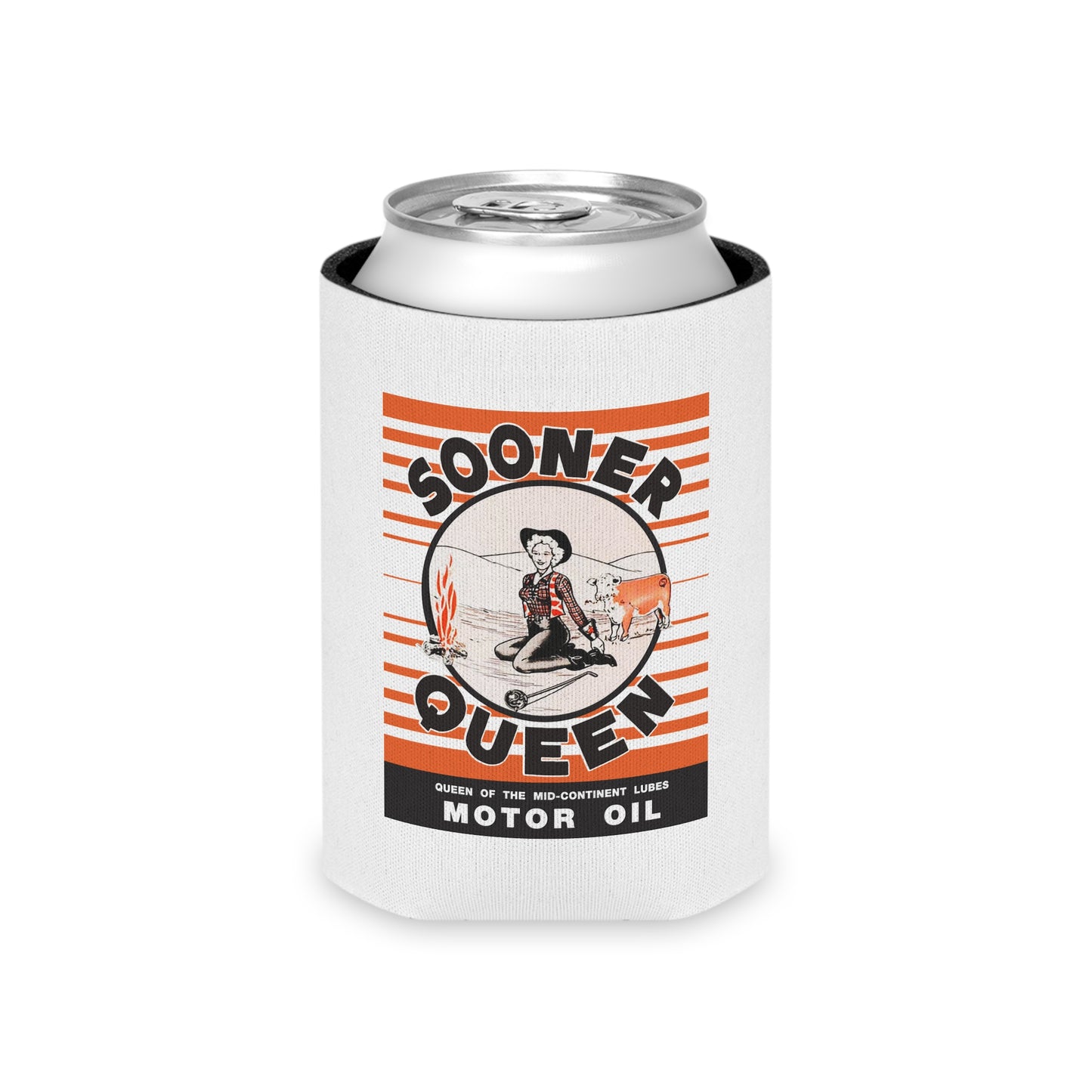 Sooner Queen Motor Oil Can Cooler — Vintage Oklahoma Petroliana Art | The Faded Label Co.