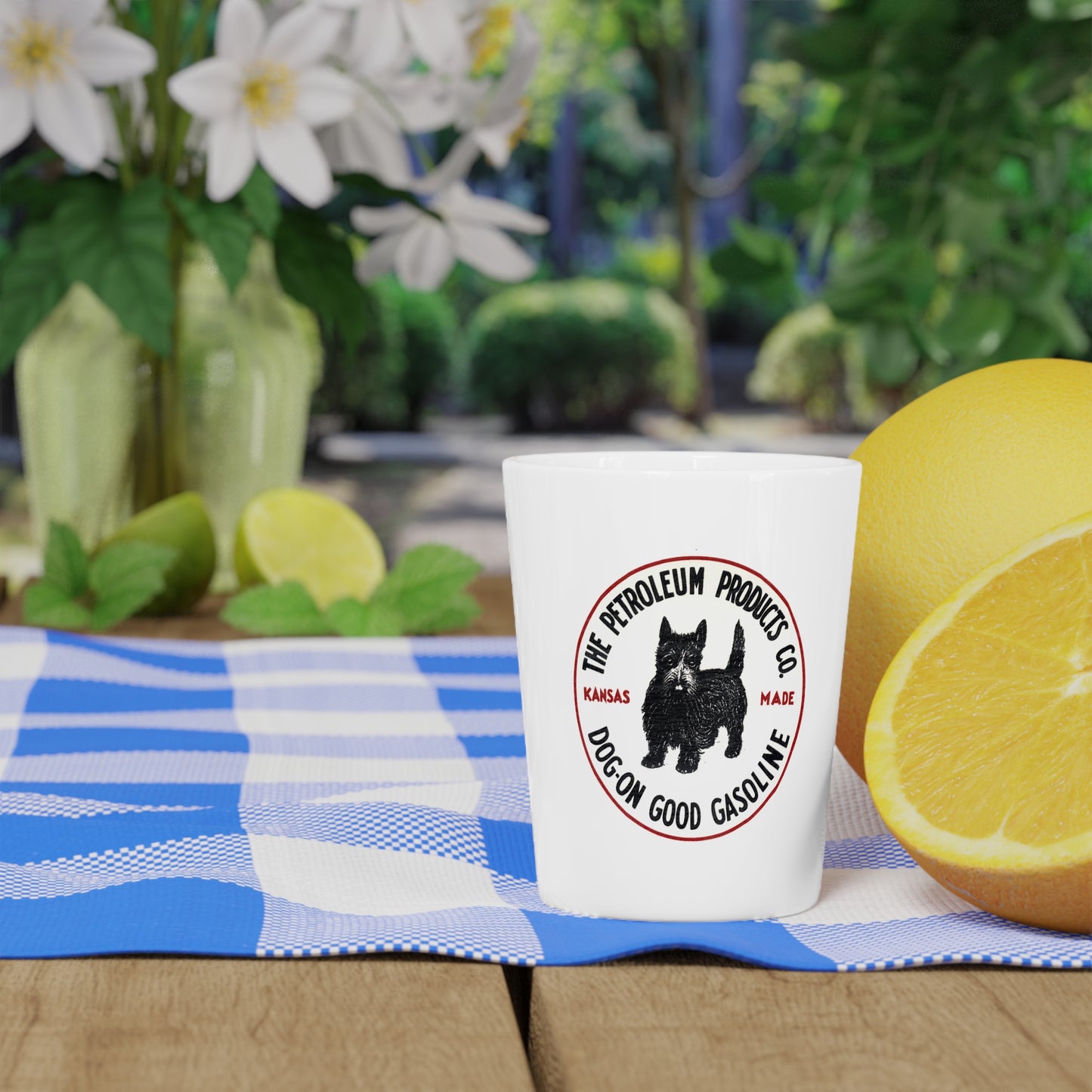 Dog-On Good Gasoline Shot Glass — Vintage Scottie Dog Petroliana | The Faded Label Co.