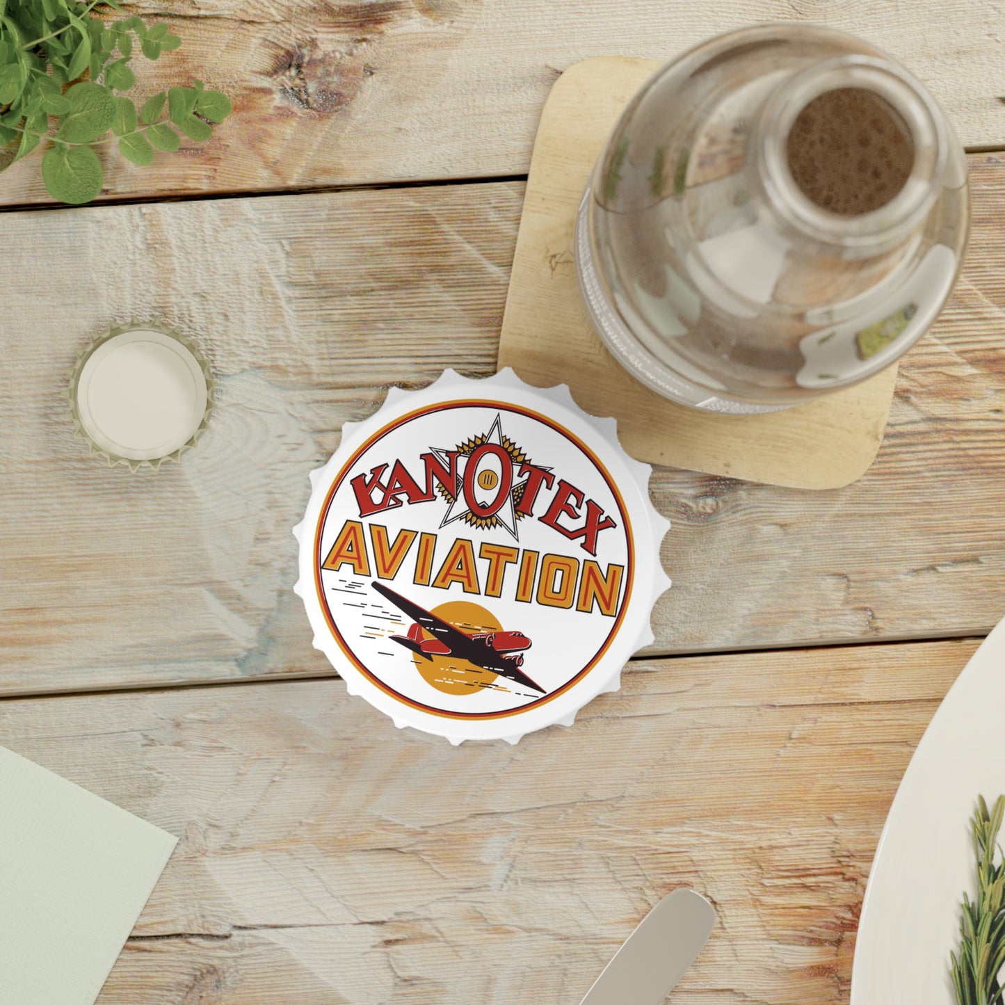 Kanotex Aviation bottle opener detail — vintage gas station art — The Faded Label Co.