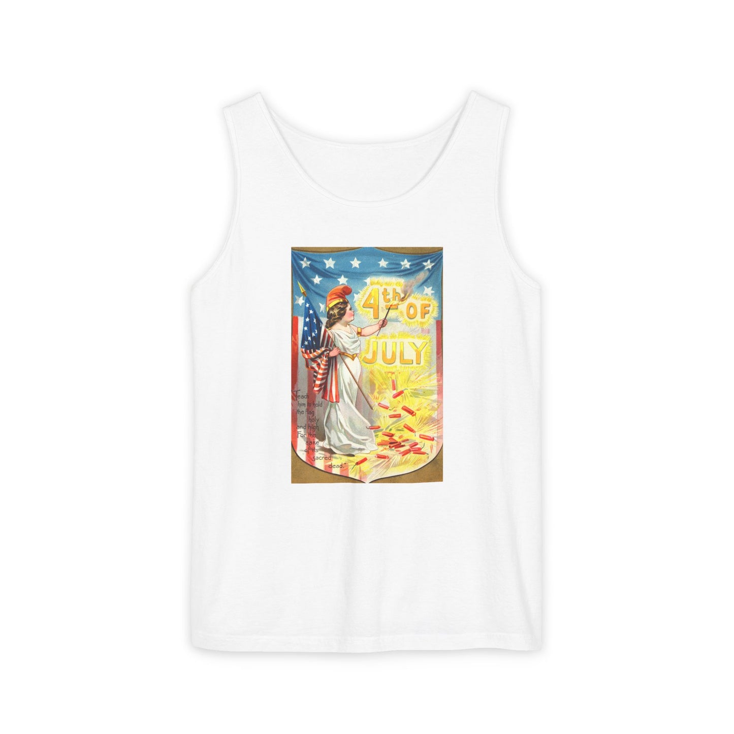 4th of July Flag Girl tank top chambray — vintage Columbia patriotic postcard art — The Faded Label Co.