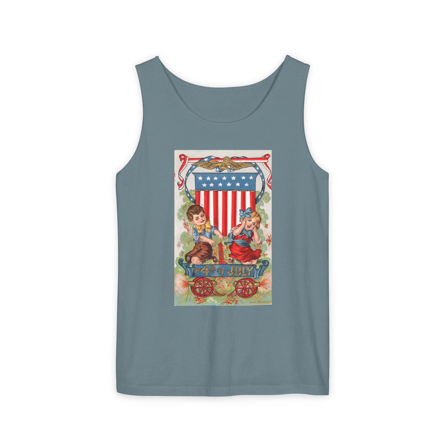 1908 Fourth of July Wagon tank top ivory — vintage patriotic postcard art — The Faded Label Co.