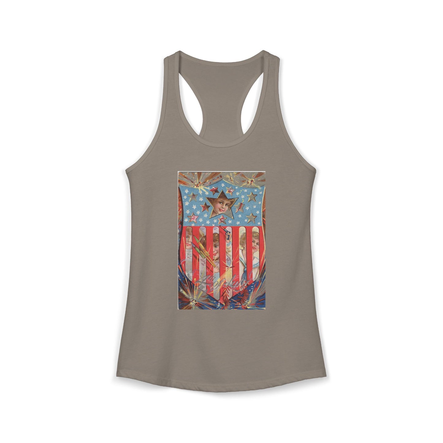 4th of July Shield Girls racerback tank red — vintage embossed patriotic postcard art — The Faded Label Co.