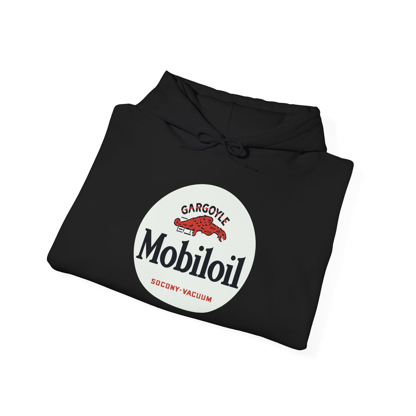 Mobiloil Logo Hoodie — Vintage Gargoyle Motor Oil Graphic Sweatshirt