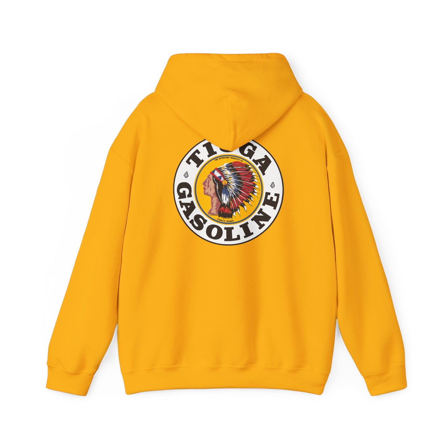 Tioga Gasoline Logo Hoodie — Vintage Native Chief Emblem