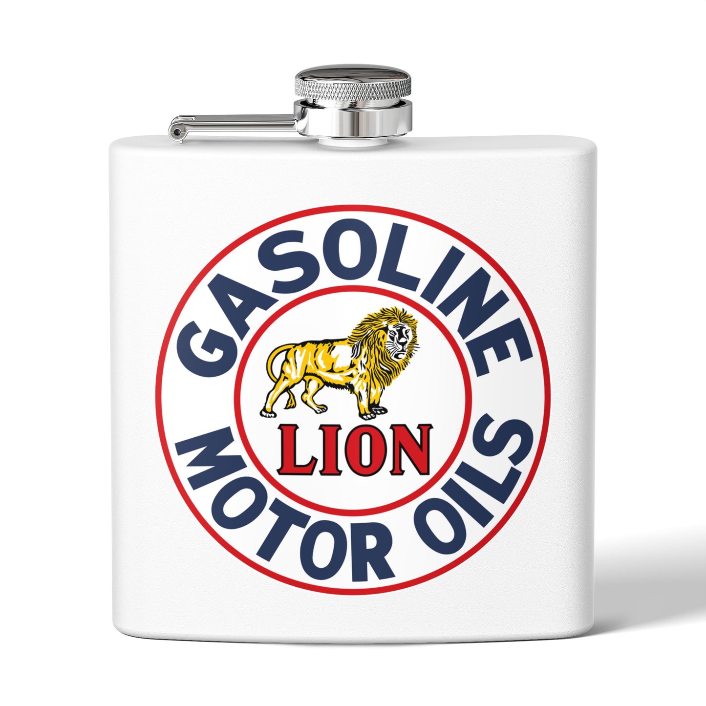 Lion Gasoline flask navy — vintage petroliana gift — The Faded Label Co.
