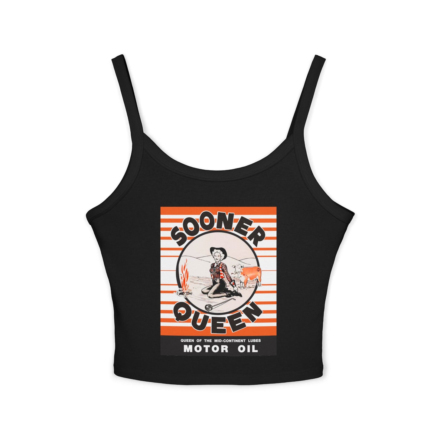 Sooner Queen Motor Oil crop tank black — vintage cowgirl oil can art — The Faded Label Co.