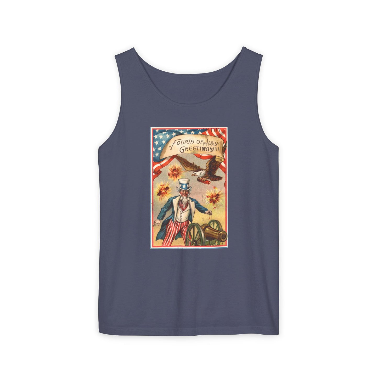 Fourth of July Greetings Uncle Sam tank top ivory — vintage patriotic postcard art — The Faded Label Co.