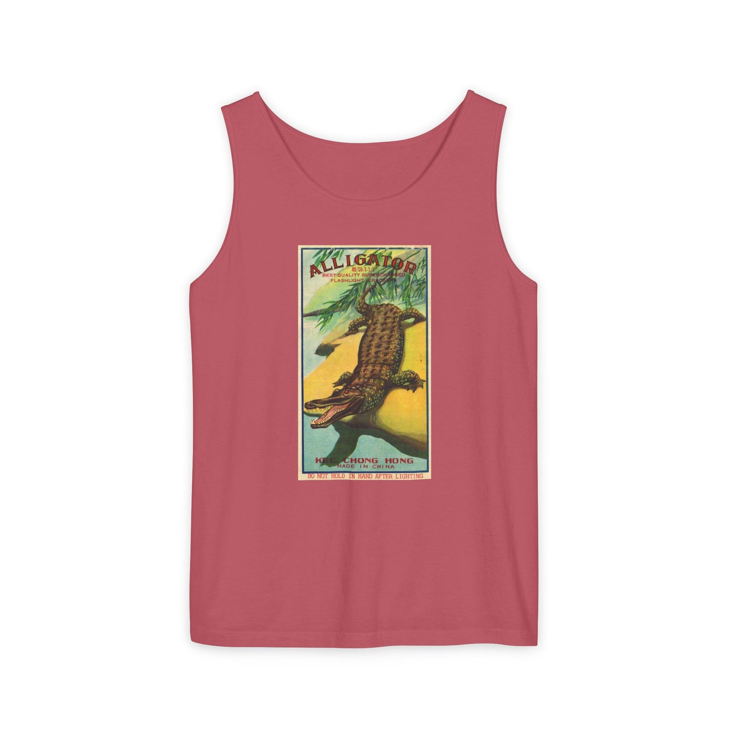 Alligator Firecrackers tank top detail — mid-century fireworks packaging art — The Faded Label Co.