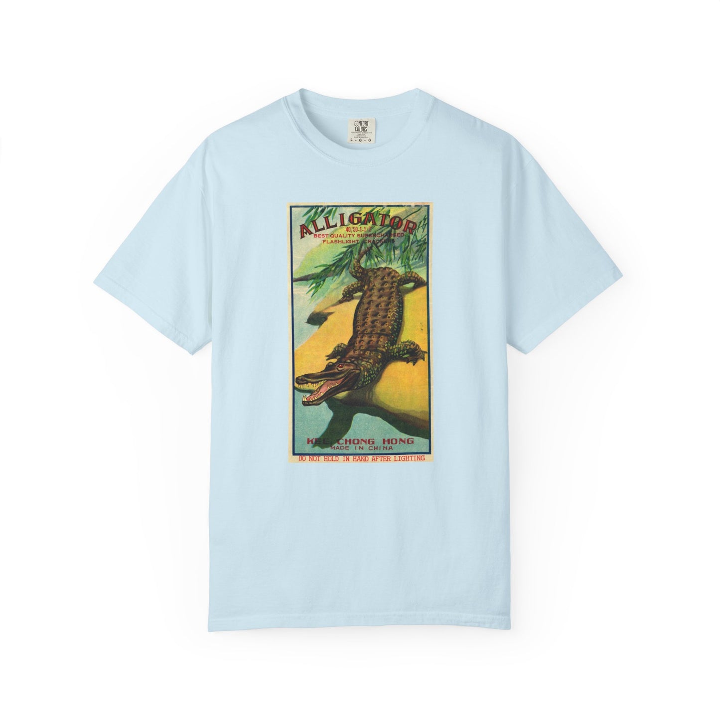 Alligator Brand Firecrackers t-shirt Chambray — vintage patriotic fireworks label tee — The Faded Label Co.