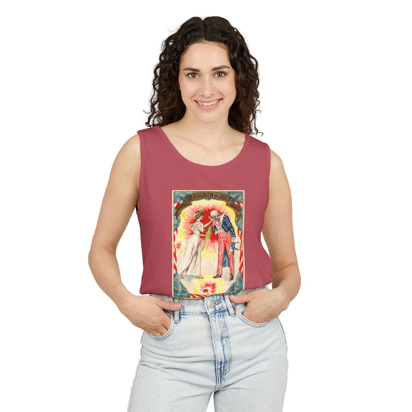 Uncle Sam and Columbia tank top lifestyle front — early 1900s patriotic chromolithograph — The Faded Label Co.