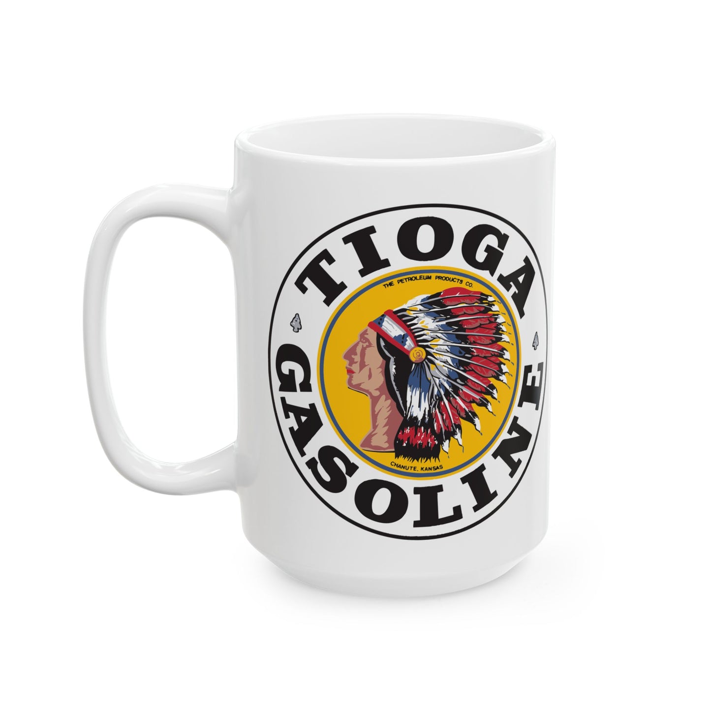 tioga Gasoline Tribe Ceramic Mug — Vintage Indian Head Logo Coffee Cup (11oz & 15oz)