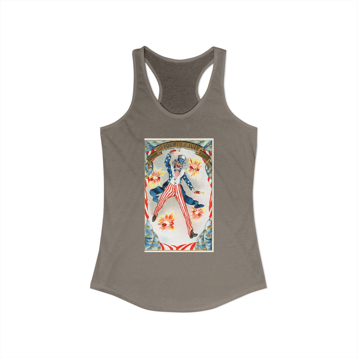 Hurrah Fourth of July Uncle Sam racerback tank red — vintage patriotic postcard art — The Faded Label Co.