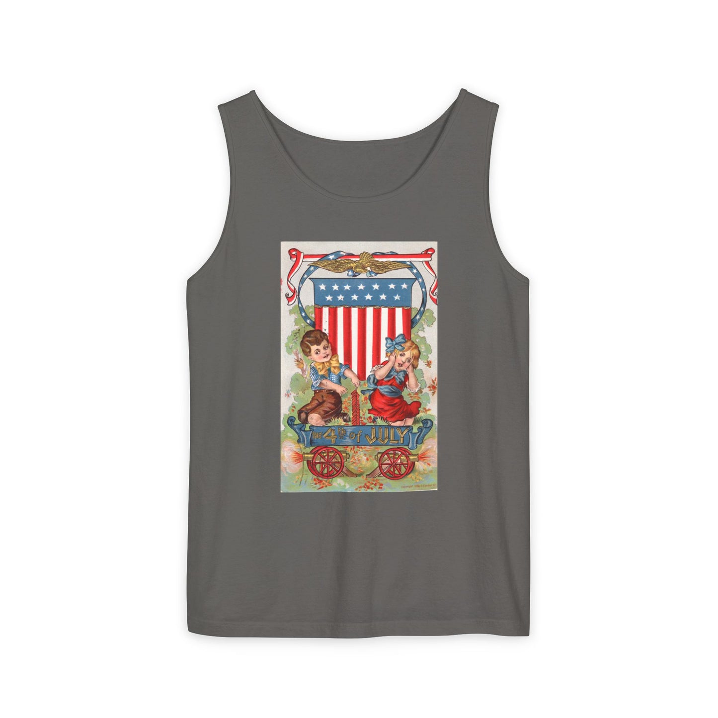 1908 Fourth of July Wagon tank top blue jean — vintage patriotic postcard art — The Faded Label Co.