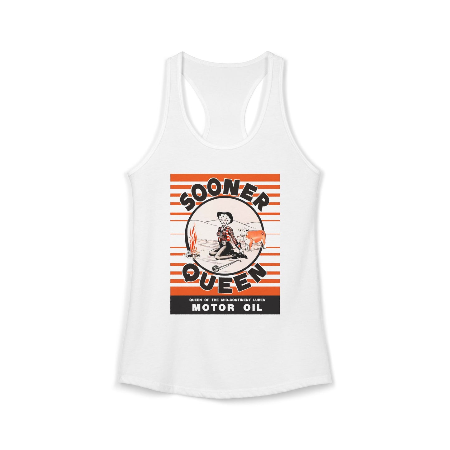 Sooner Queen Motor Oil women's racerback tank black — rare Oklahoma petroliana art — The Faded Label Co.