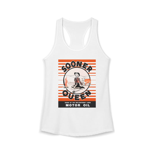 Sooner Queen Motor Oil women's racerback tank black — rare Oklahoma petroliana art — The Faded Label Co.