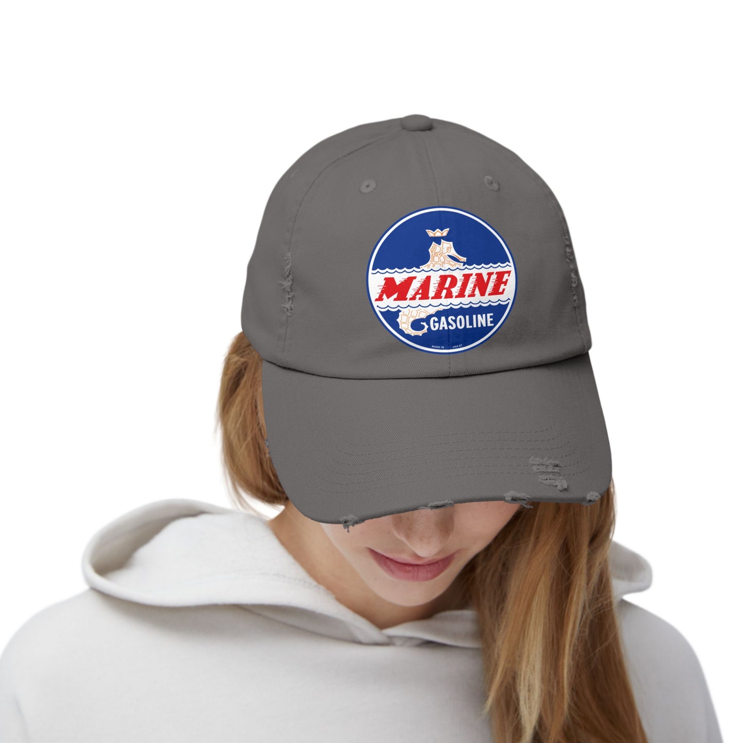 Marine Gasoline Distressed Cap — Vintage Dockside Petroliana Hat | The Faded Label Co.