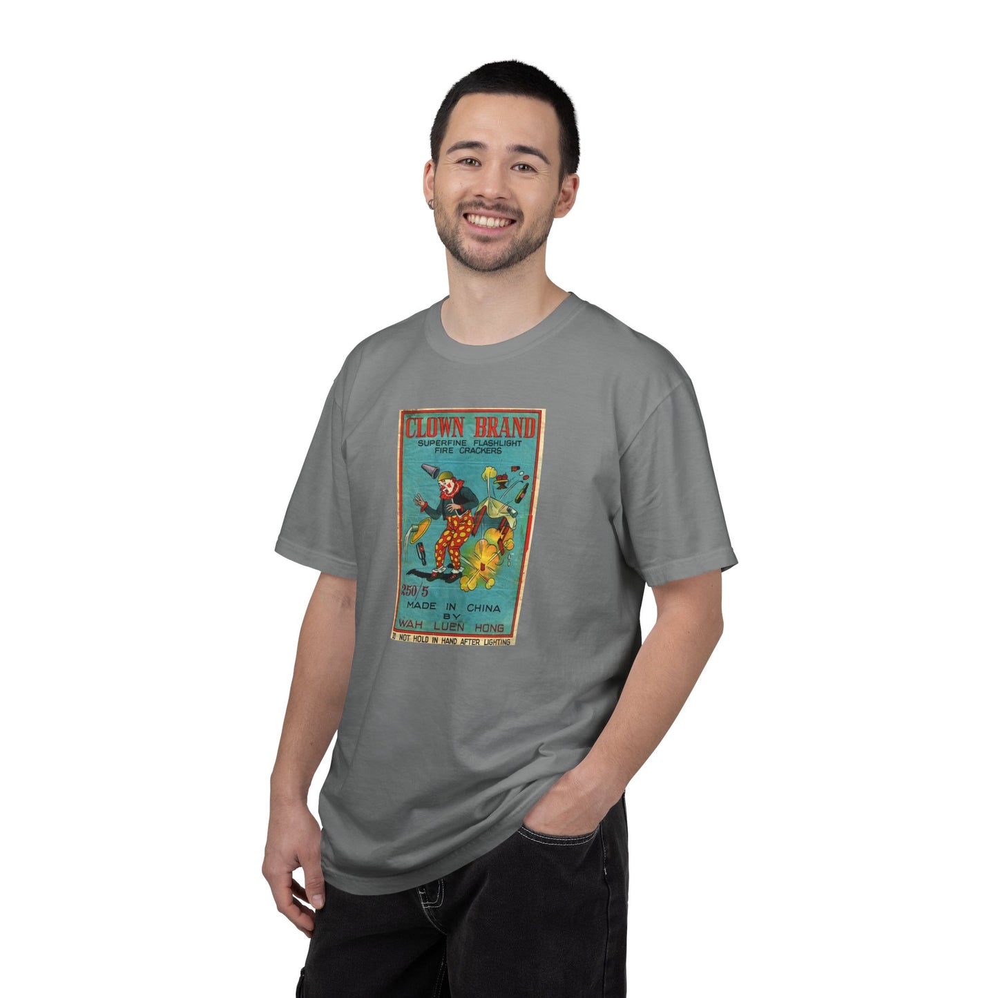 Clown Brand Firecrackers t-shirt on model front — America's 250th Independence Day tee — The Faded Label Co.
