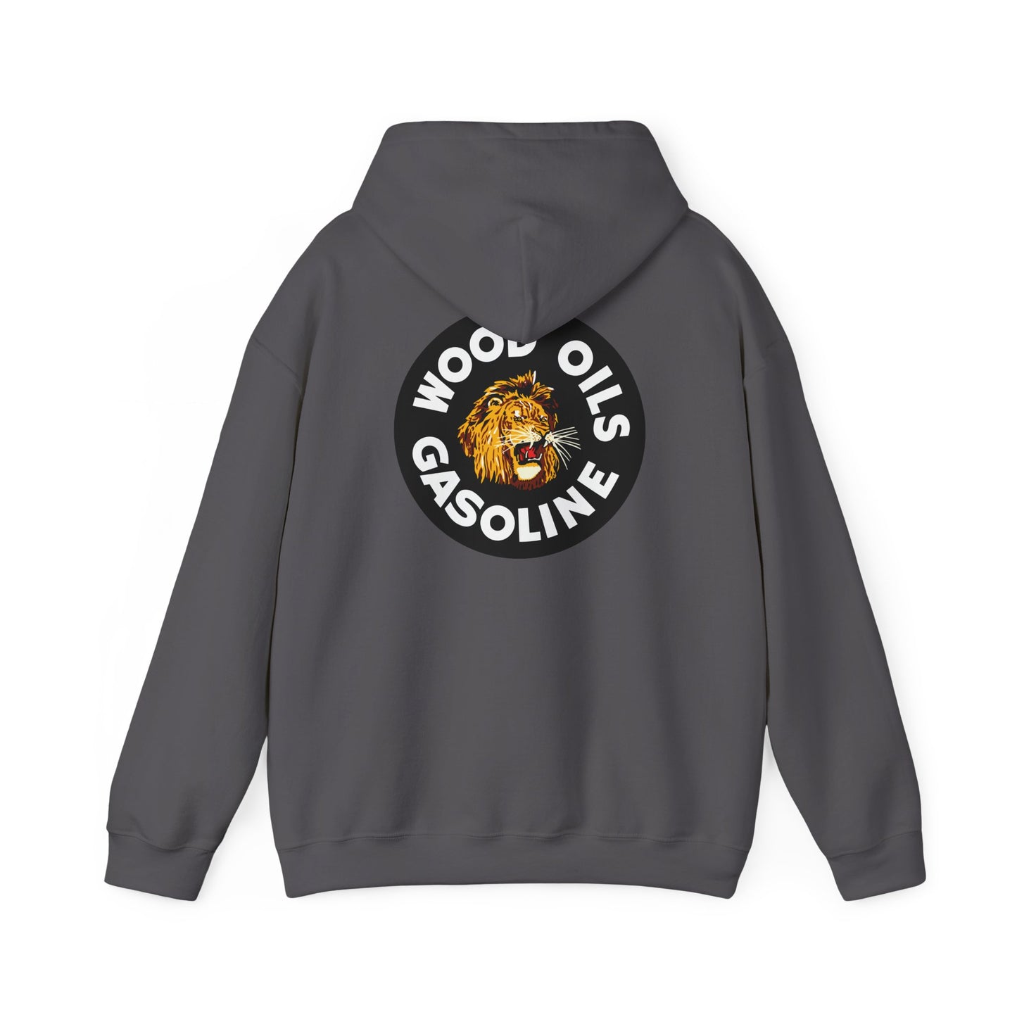 Lion Emblem Gasoline Hoodie — 'Wood Oils Gasoline' Retro Logo Sweatshirt