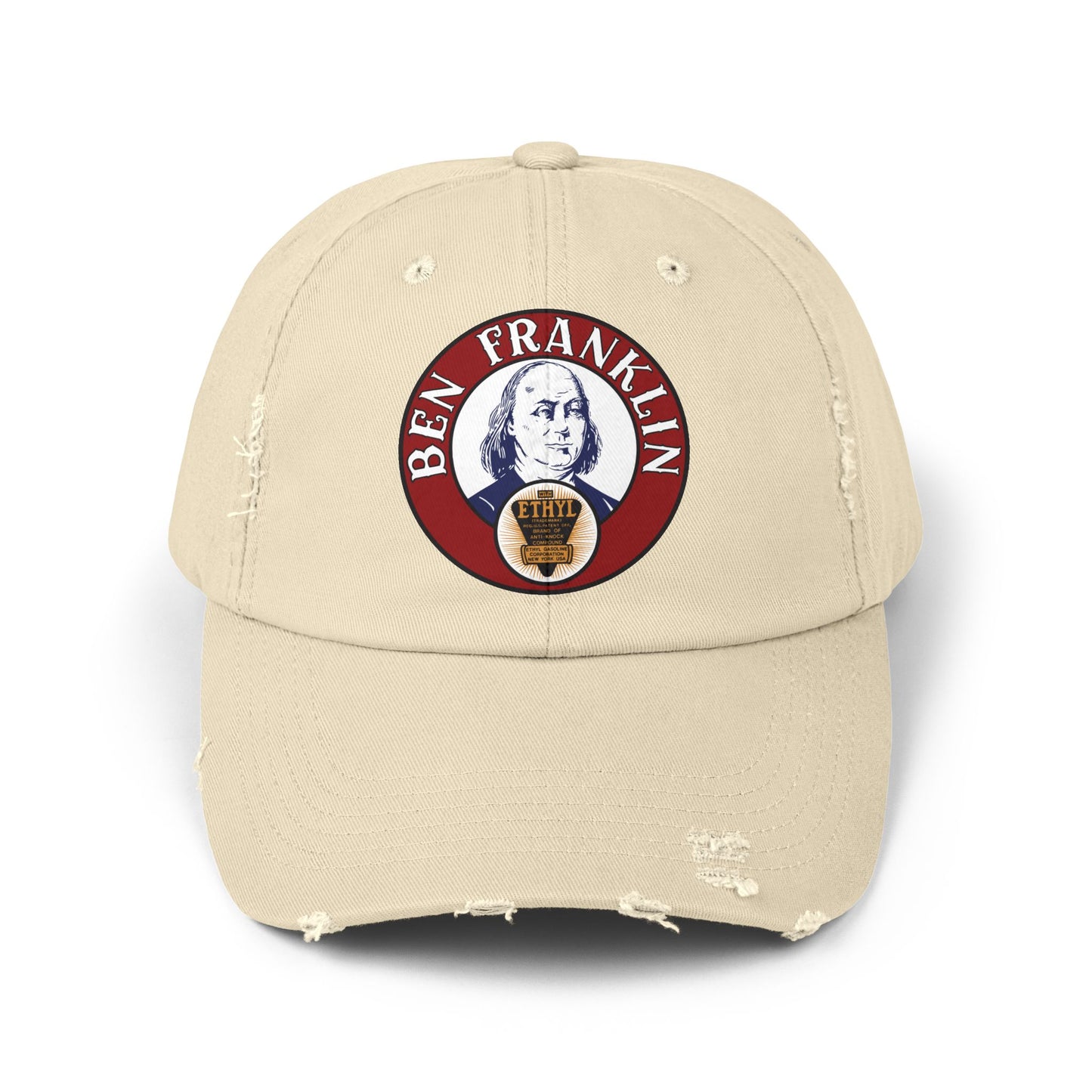 Ben Franklin Gasoline distressed cap black — vintage Oklahoma petroliana hat — The Faded Label Co.