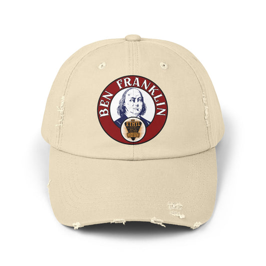 Ben Franklin Gasoline distressed cap black — vintage Oklahoma petroliana hat — The Faded Label Co.