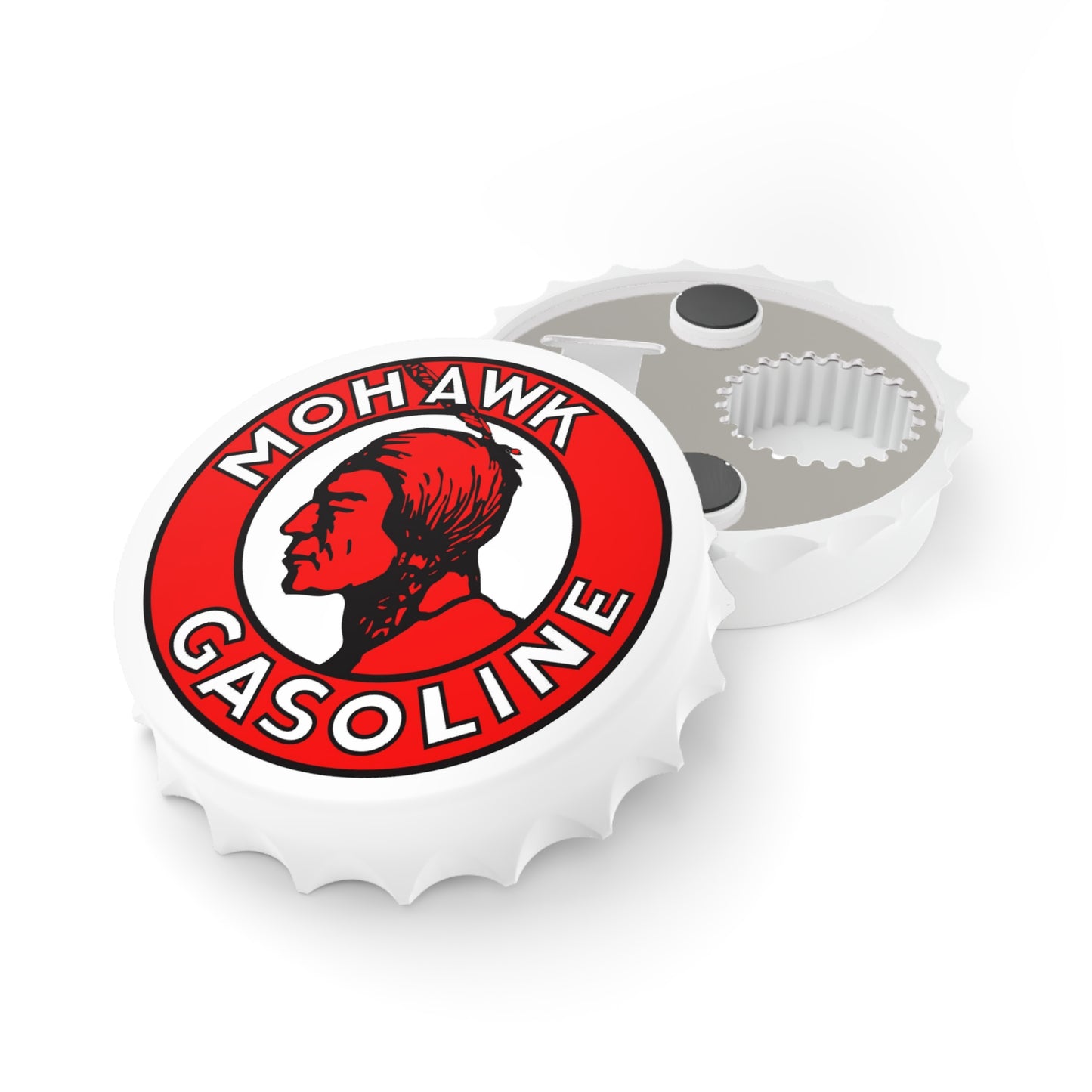 Mohawk Gasoline bottle opener in use — vintage petroliana bar decor — The Faded Label Co.
