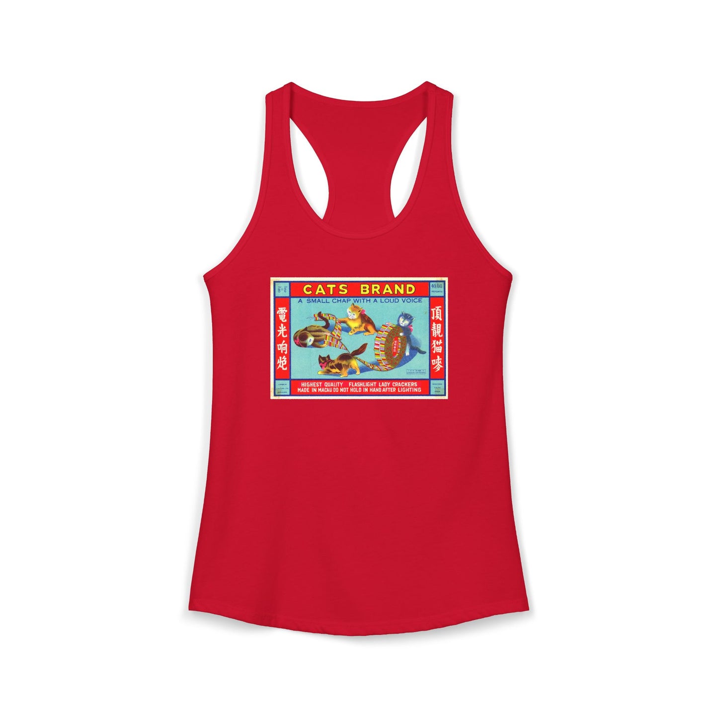 Cat Brand Firecrackers racerback tank white — mid-century fireworks packaging art — The Faded Label Co.