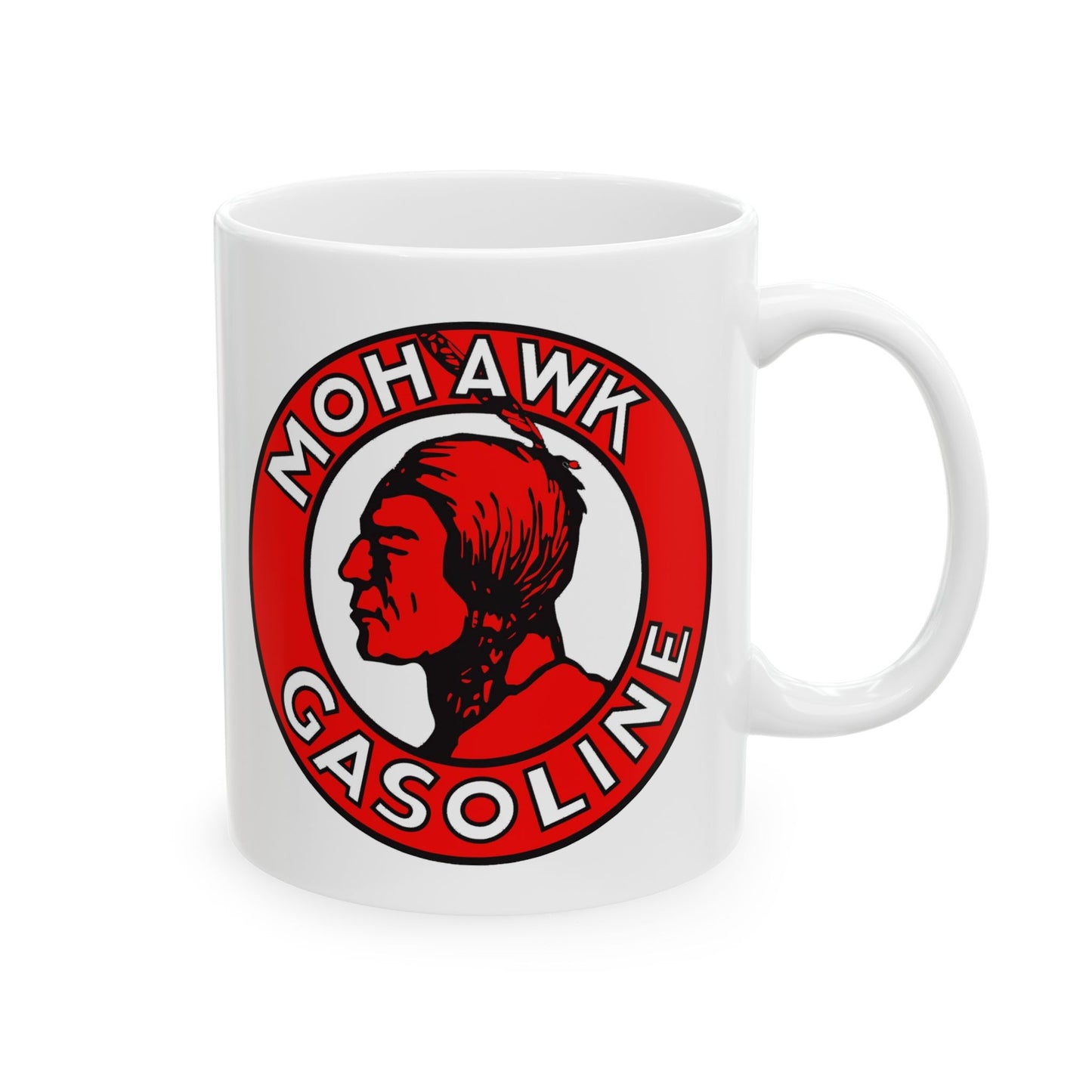 Mohawk Gasoline white coffee mug lifestyle — vintage petroliana gift for dad — The Faded Label Co.