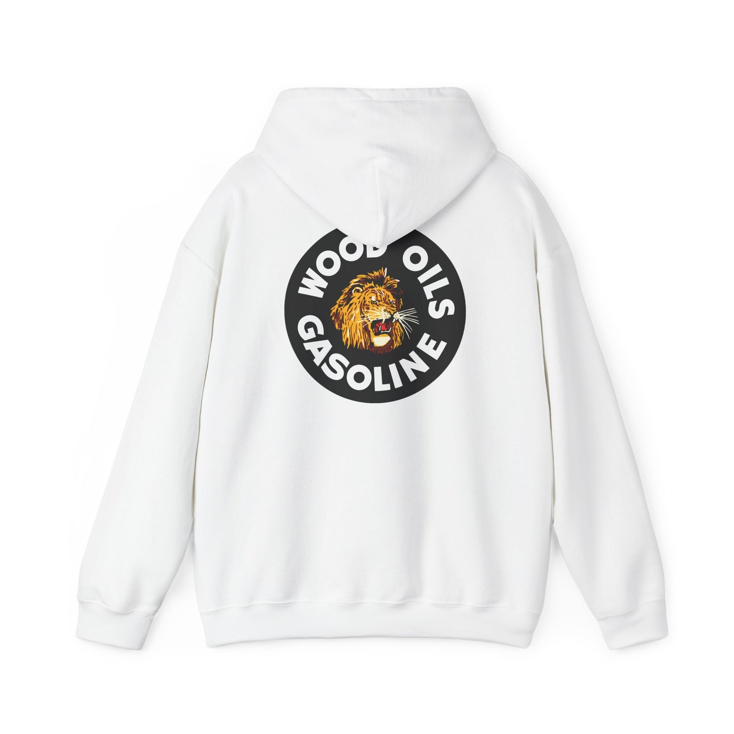Lion Emblem Gasoline Hoodie — 'Wood Oils Gasoline' Retro Logo Sweatshirt