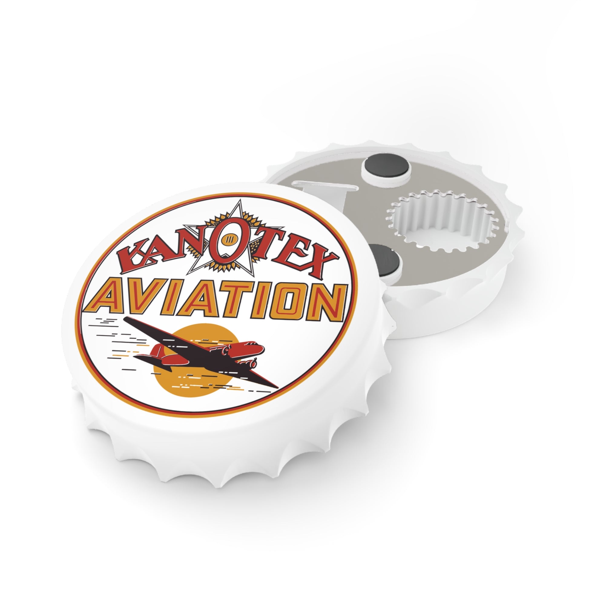 Kanotex Aviation bottle opener lifestyle — vintage Kansas petroliana bar accessory — The Faded Label Co.