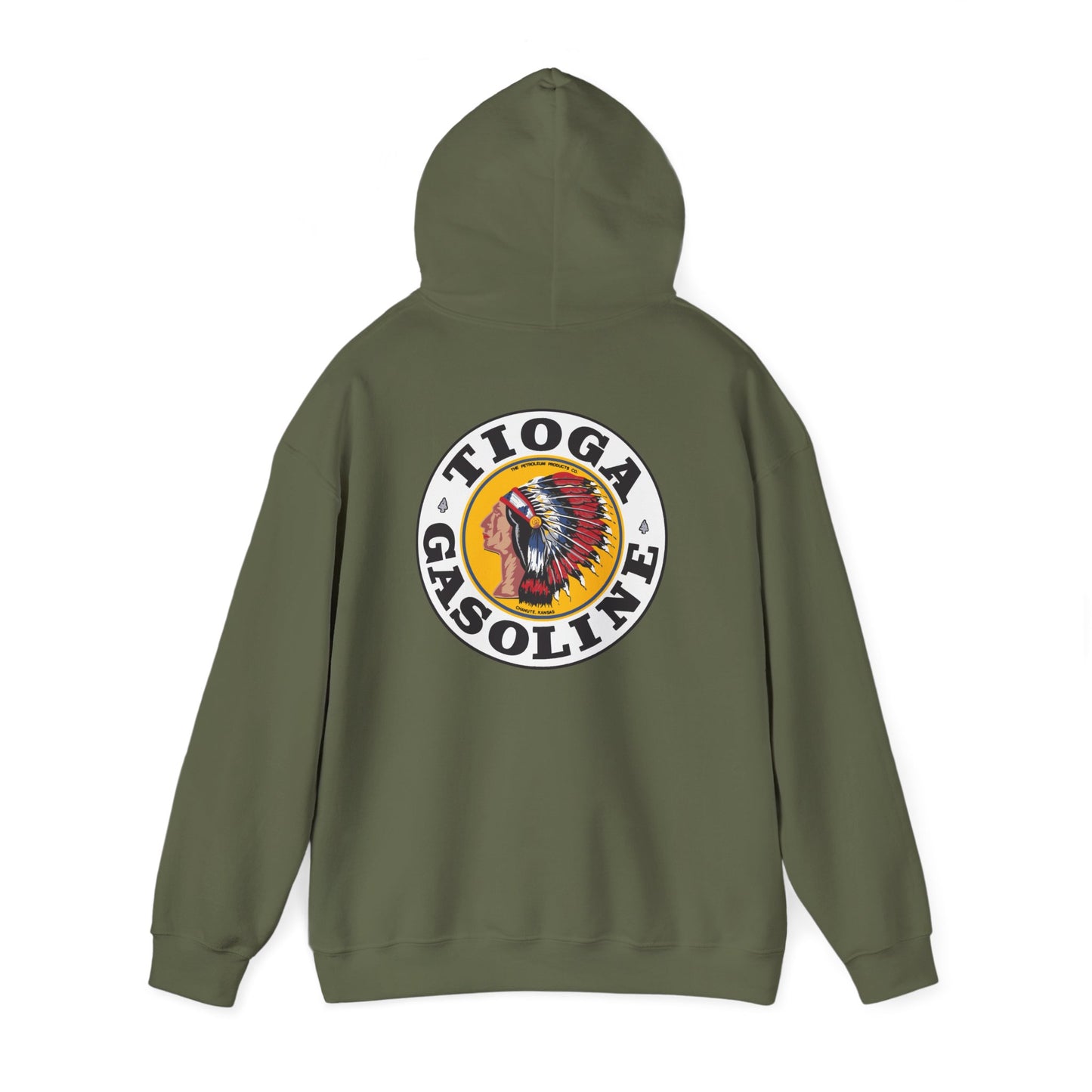 Tioga Gasoline Logo Hoodie — Vintage Native Chief Emblem