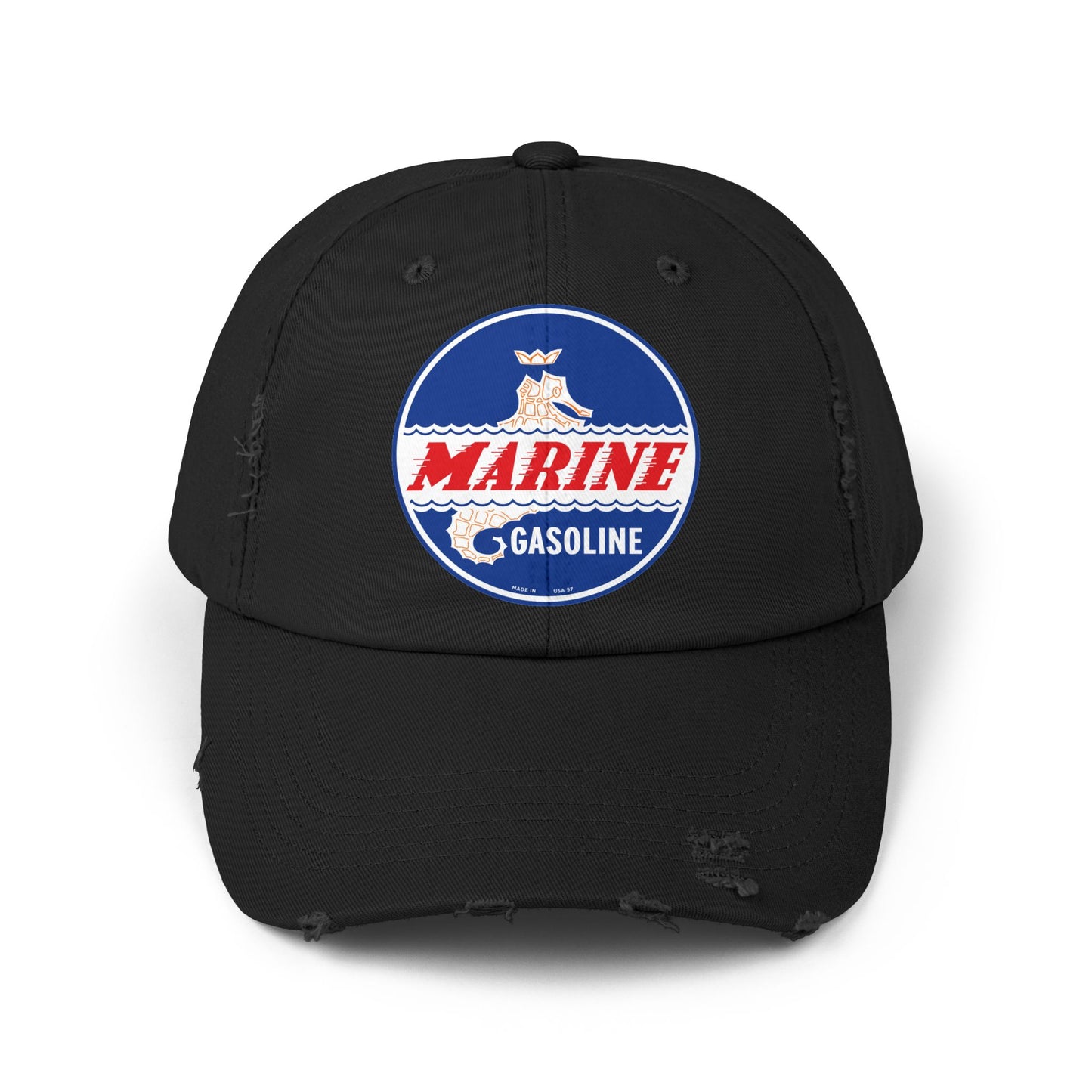 Marine Gasoline distressed cap black — vintage dockside petroliana hat — The Faded Label Co.