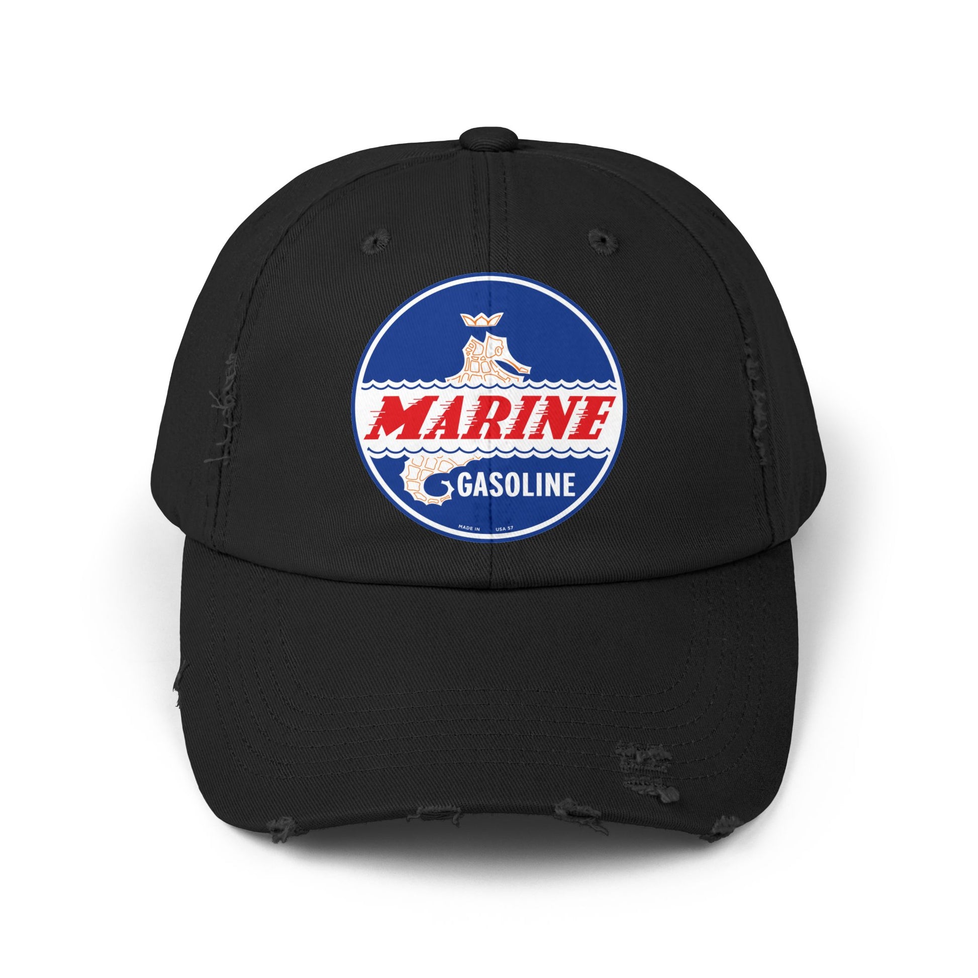Marine Gasoline distressed cap black — vintage dockside petroliana hat — The Faded Label Co.