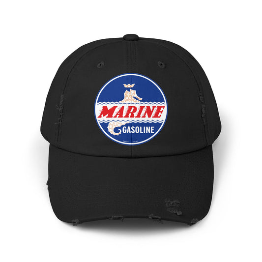 Marine Gasoline distressed cap black — vintage dockside petroliana hat — The Faded Label Co.