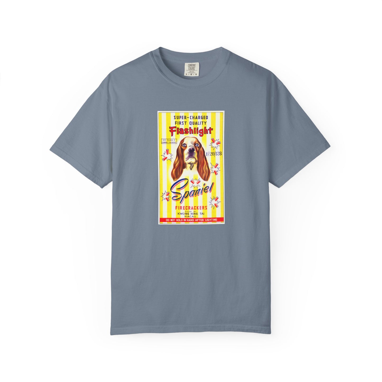 Spaniel Brand Firecrackers t-shirt Grey — vintage spaniel fireworks label tee — The Faded Label Co.