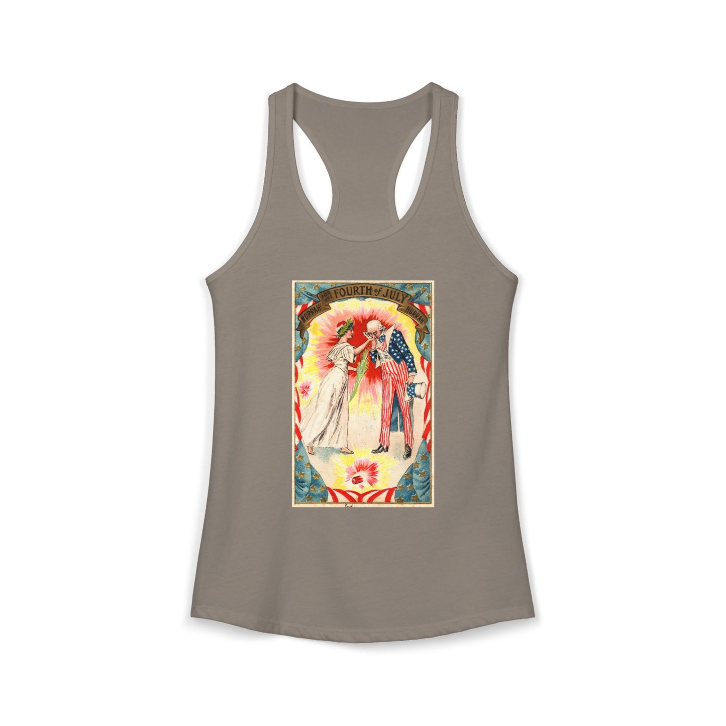 Uncle Sam and Columbia racerback tank red — vintage Fourth of July postcard art — The Faded Label Co.