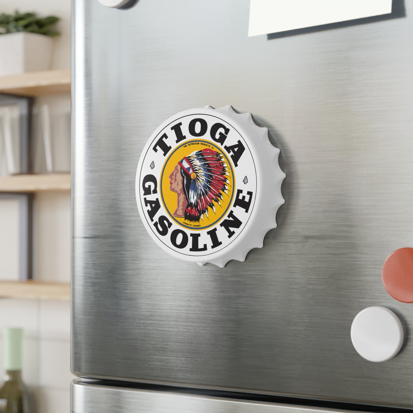 Tioga Gasoline opener on fridge — vintage petroliana decor — The Faded Label Co.