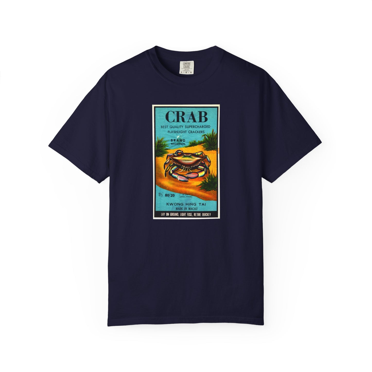 Crab Brand Firecrackers t-shirt design detail — crab vintage label close-up — The Faded Label Co.