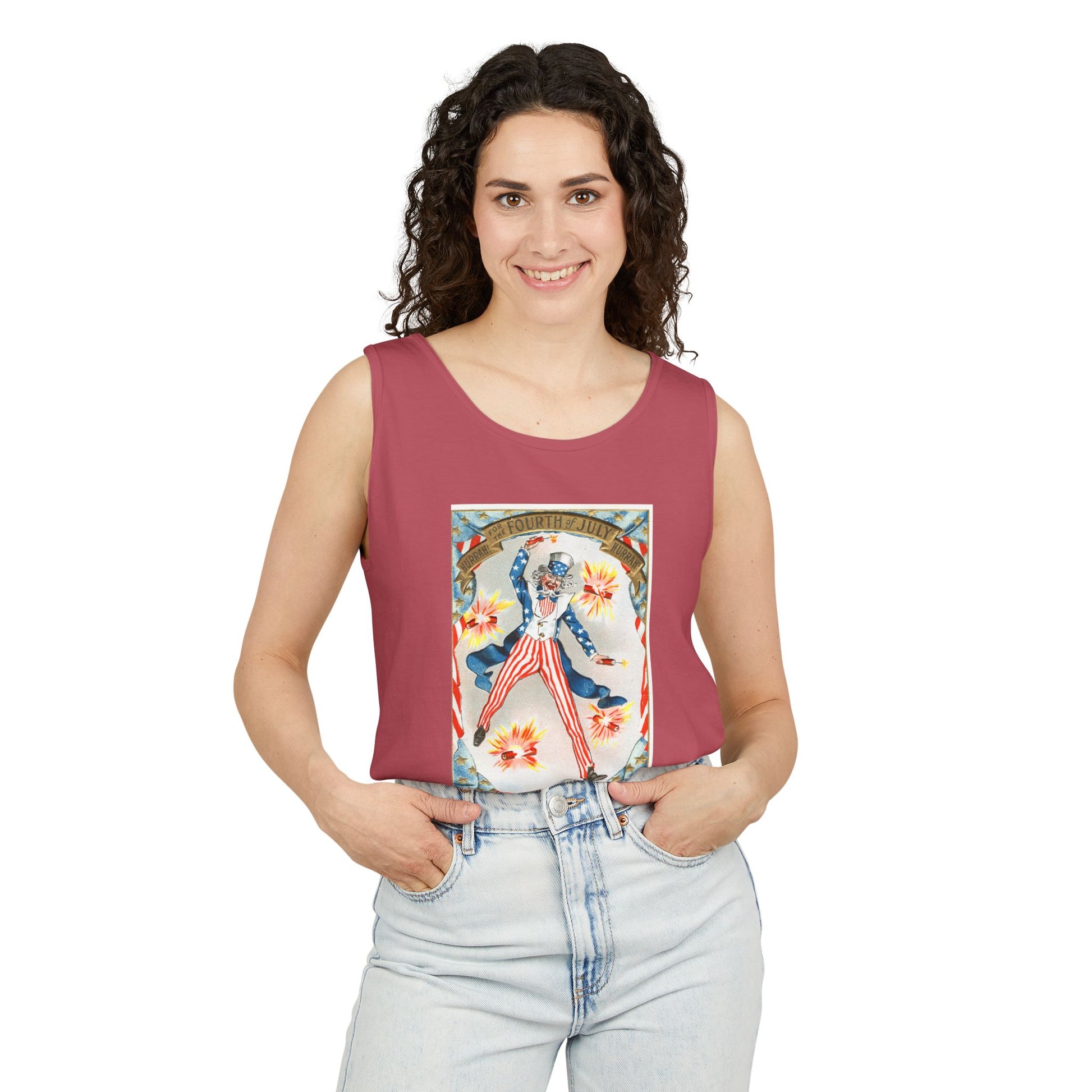 Hurrah Fourth of July Uncle Sam tank top flat lay white — Comfort Colors 9360 unisex tank — The Faded Label Co.