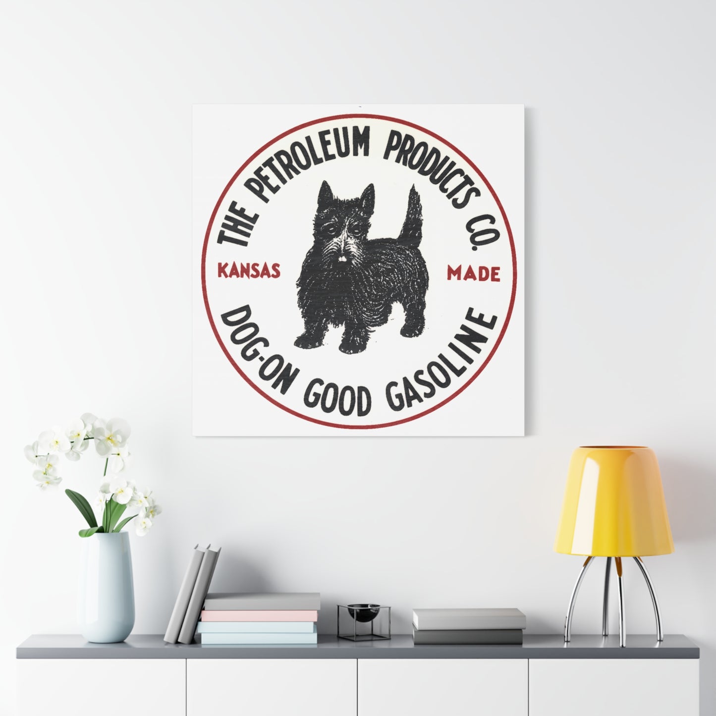 Dog-On Good Gasoline canvas wall art 16x16 — stretched canvas petroliana decor — The Faded Label Co.