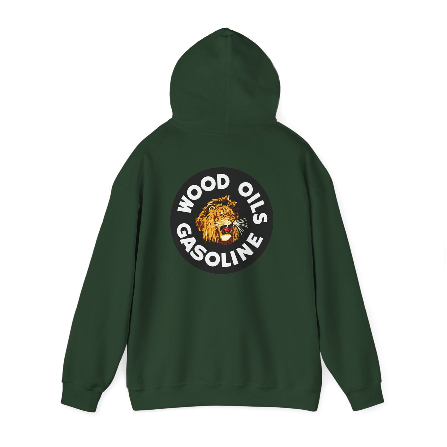 Lion Emblem Gasoline Hoodie — 'Wood Oils Gasoline' Retro Logo Sweatshirt