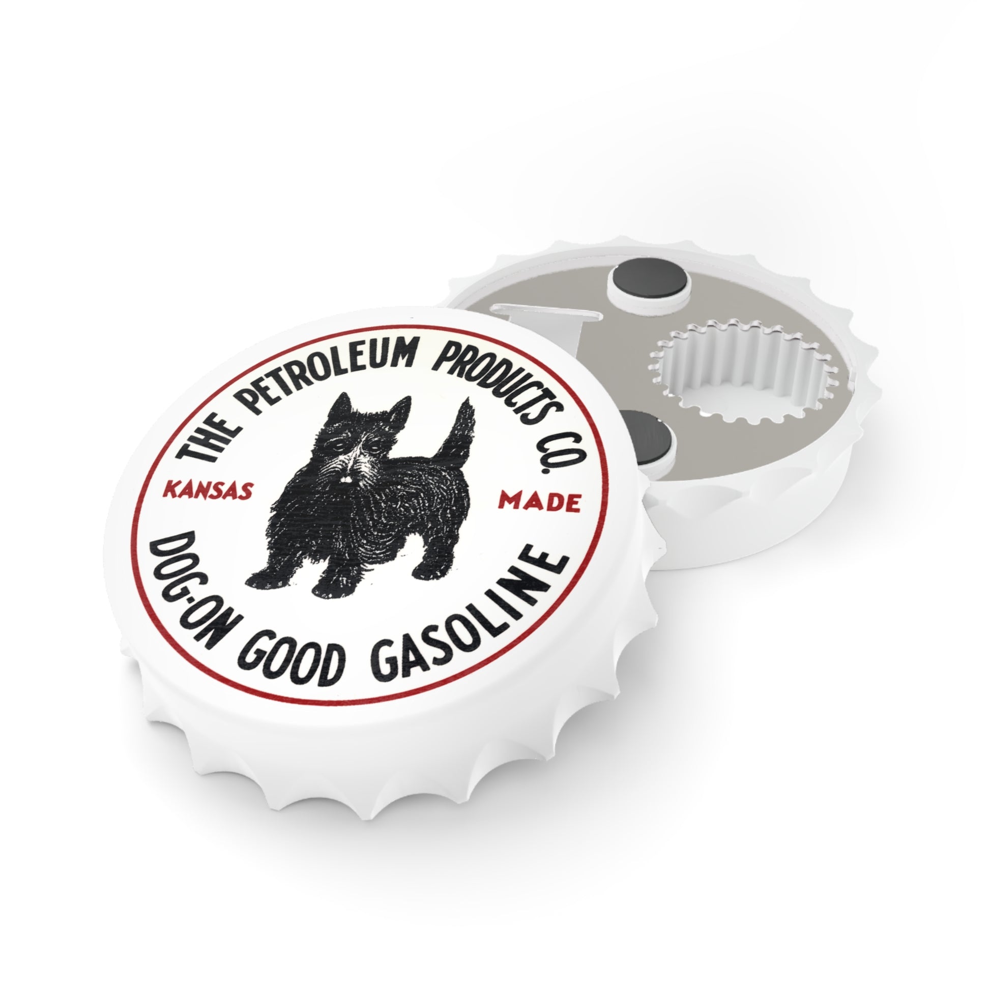 Dog-On Good Gasoline bottle opener in use — vintage petroliana bar accessory — The Faded Label Co.