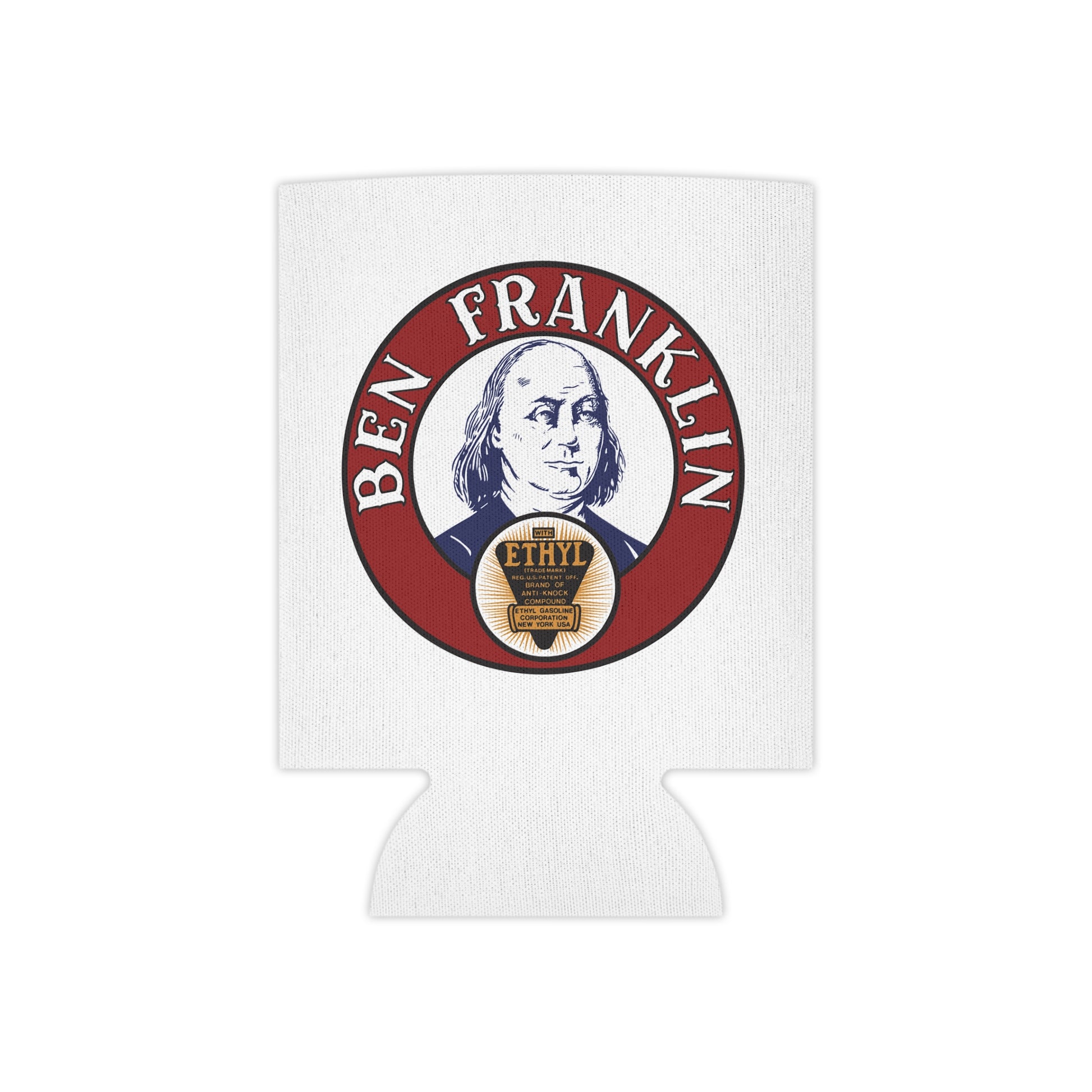 Ben Franklin Gasoline can cooler detail — vintage petroliana gift — The Faded Label Co.